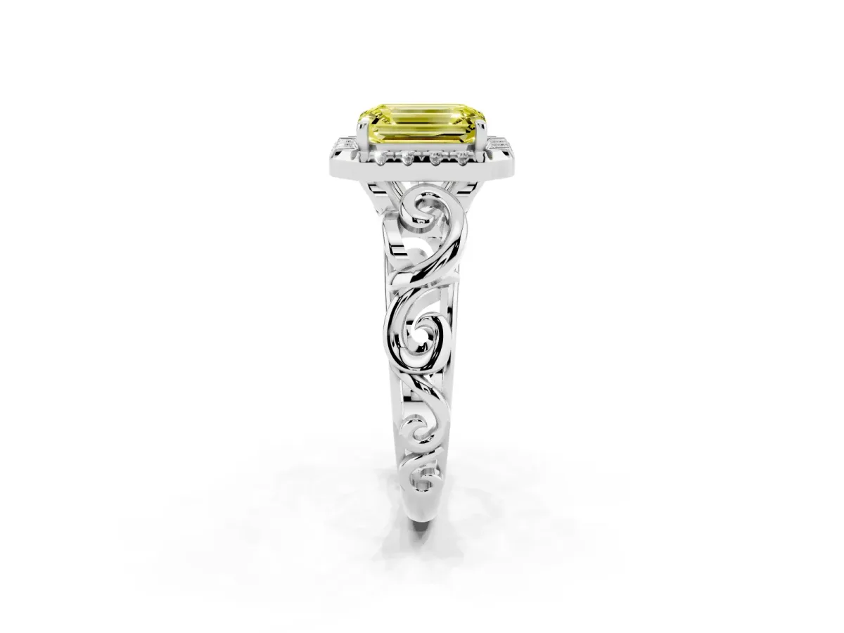 Fancy Yellow Emerald Cut Cut Halo Diamond Ring with Scrollwork Band and Four-Prong Setting Silver