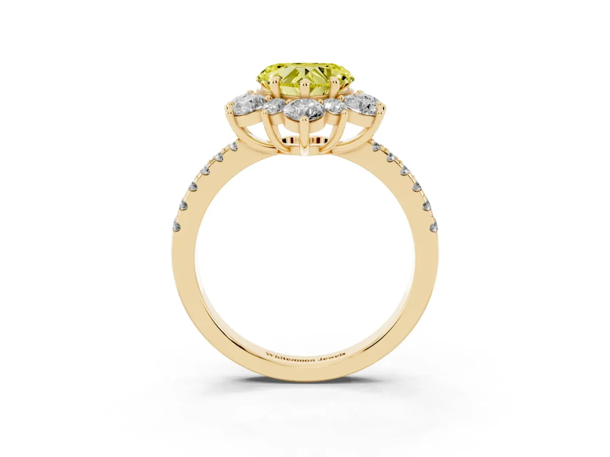 Fancy Yellow Heart Cut Diamond Floral Halo Ring with Round Pavé Band and Prong Setting Yellow gold