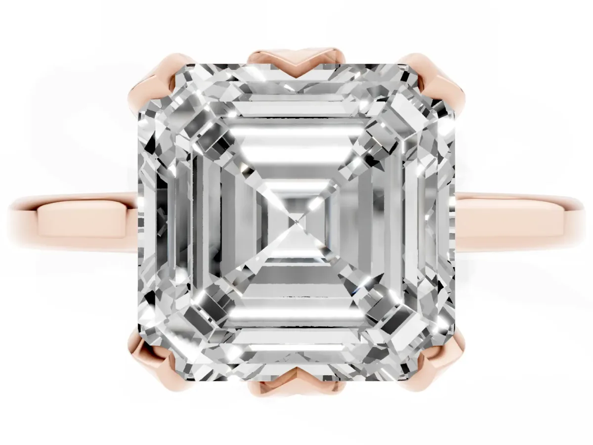 Asscher Cut Diamond Solitaire Ring with Flower Prong Setting and Classic Band Rose gold