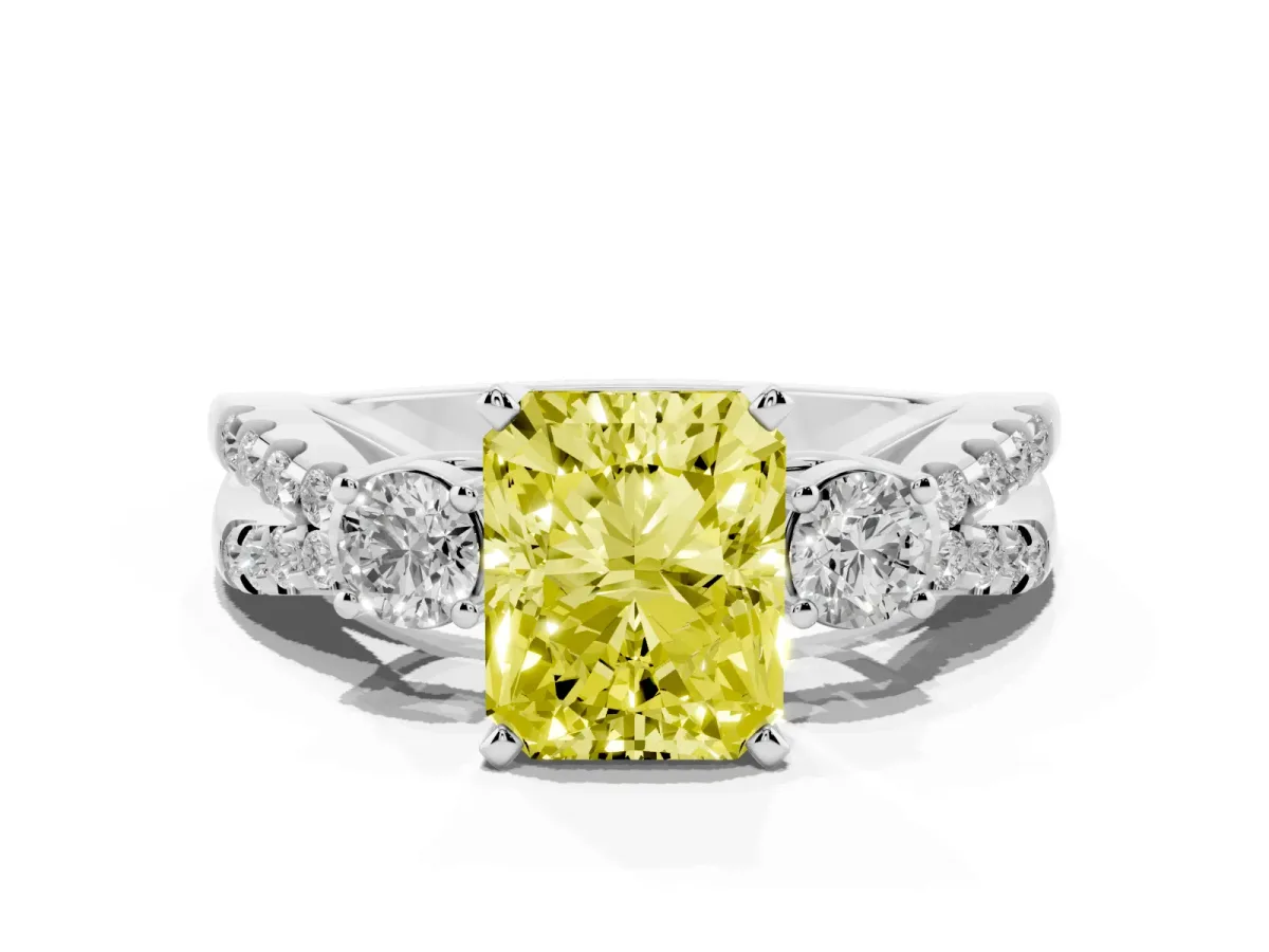 Fancy Yellow Radiant Cut Diamond Three-Stone Ring with Pavé Split Shank and Four-Prong Setting Silver