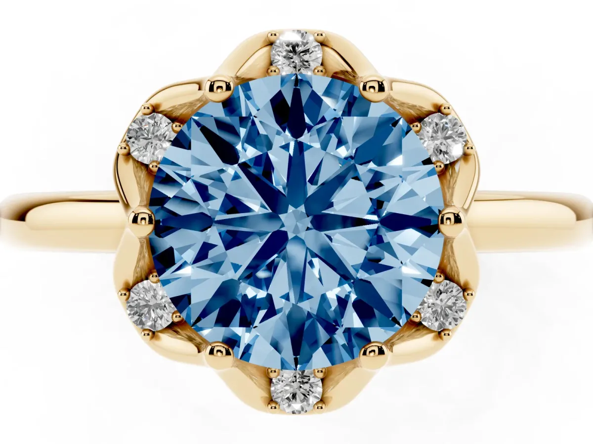Fancy Blue Round Cut Halo Diamond Ring with Round Cluster Setting, Solitaire Band, and Four-Prong Setting Yellow gold
