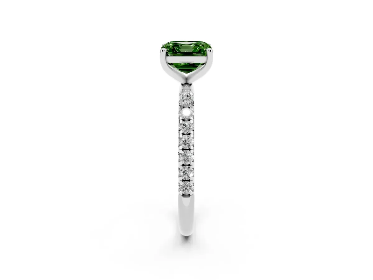 Fancy Green Asscher Cut Cut Diamond Solitaire Ring with Micro Pave Band and Four Prong Setting Platinum