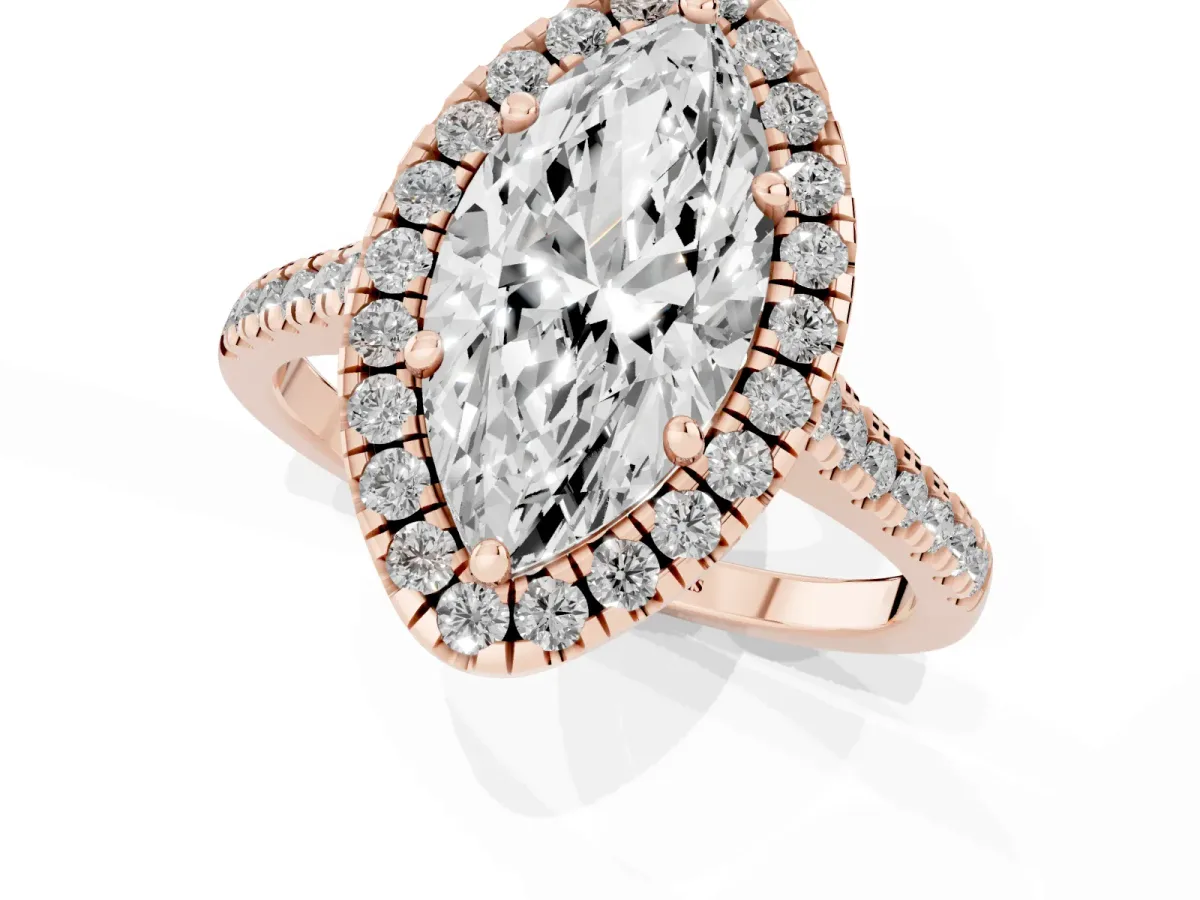 Marquise Cut Diamond Cushion Halo Ring with Pavé Band Rose gold