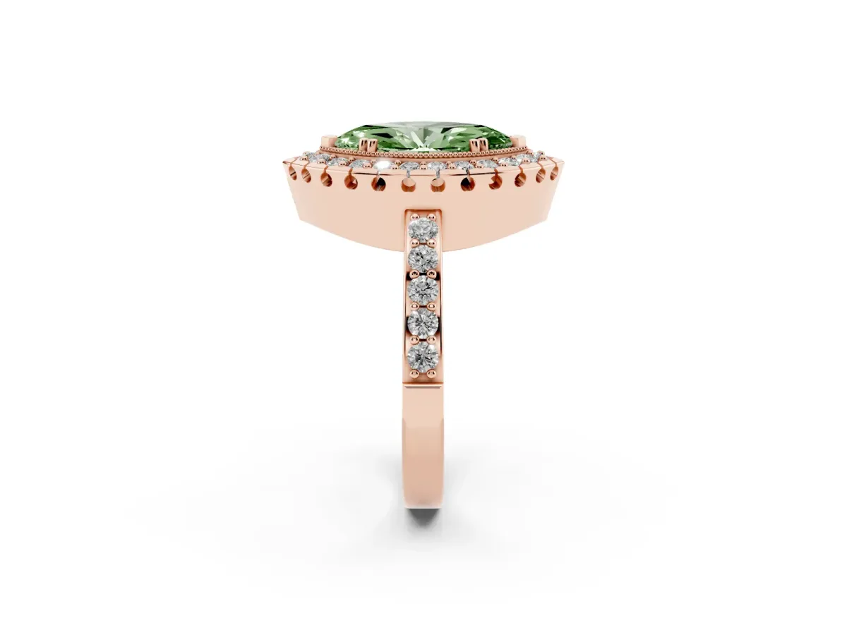 Fancy Green Marquise Cut Diamond Halo Ring with Pavé Band and Prong Setting Rose gold