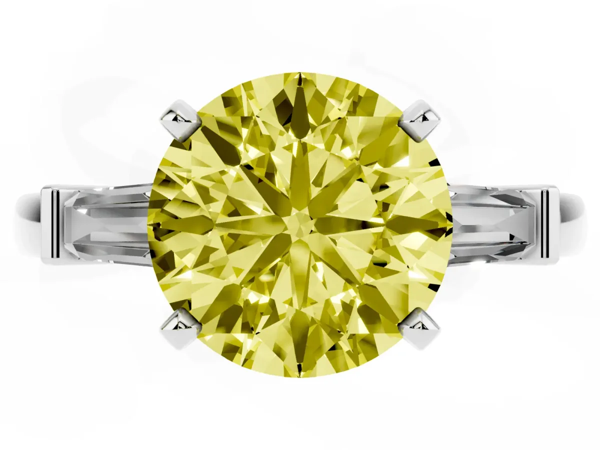 Fancy Yellow Round Cut Cut Diamond Solitaire Ring with Tapered Baguette Accents and Four-Prong Setting White gold