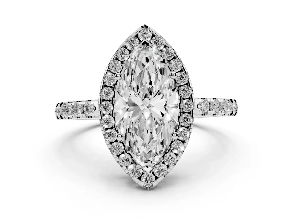 Marquise Cut Halo Diamond Engagement Ring with Pavé Band and Four-Prong Setting White gold