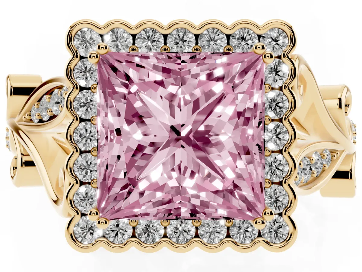 Fancy Pink Princess Cut Diamond Halo Ring with Vintage Split Shank and Four-Prong Setting Yellow gold