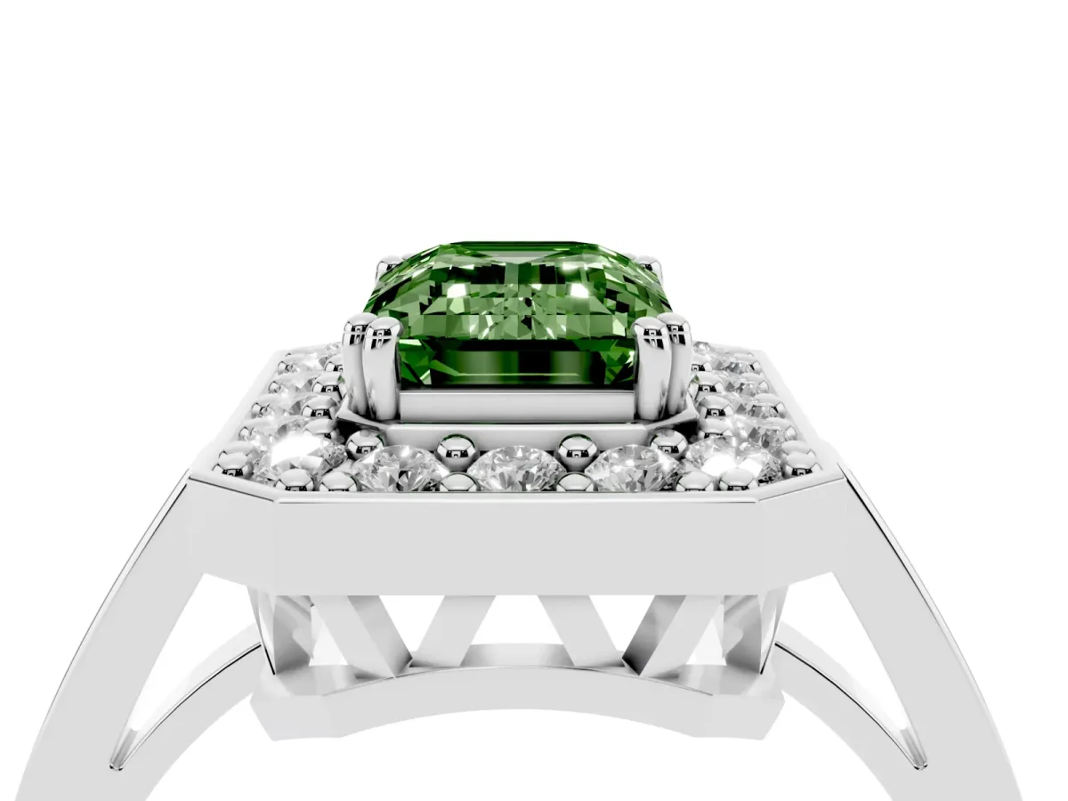 Fancy Green Emerald Cut Diamond Halo Ring with Split Shank and Four-Prong Setting Silver