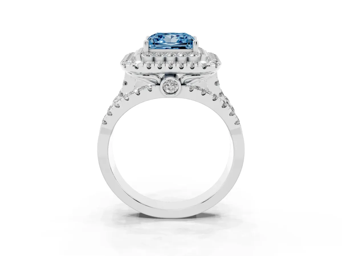 Fancy Blue Princess Cut Diamond Double Halo Ring with Round Pavé Split Shank and Prong Setting Silver