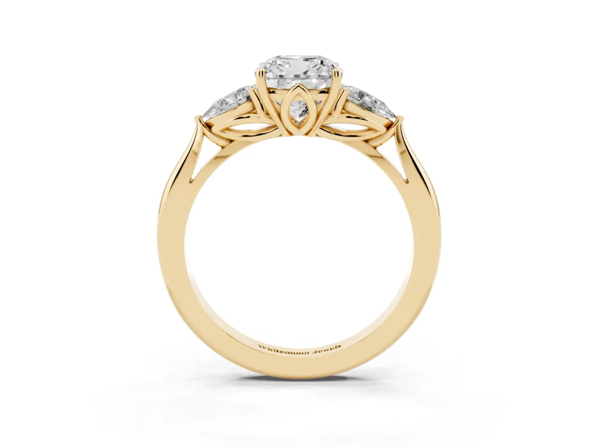 Three-Stone Cushion Cut Brilliant Diamond Solitaire Ring with Tapered Band and Four-Prong Setting Yellow gold