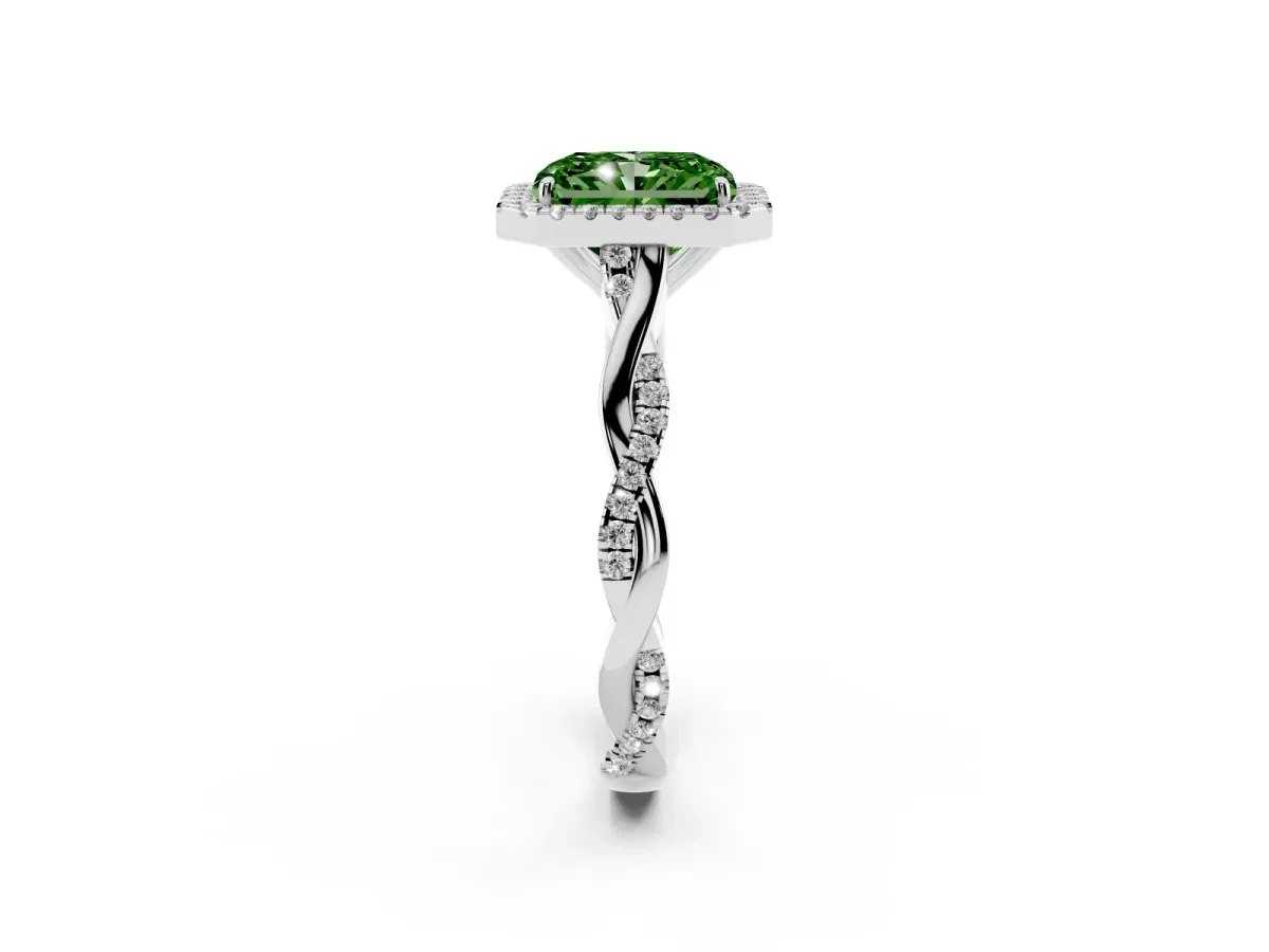 Fancy Green Radiant Cut Halo Twist Band Solitaire Ring Silver