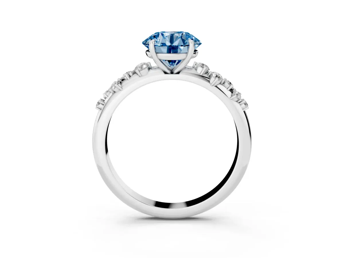 Fancy Blue Round Cut Diamond Cluster Prong-Set Solitaire Ring White gold