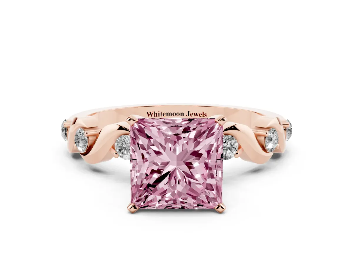 Fancy Pink Princess Cut Diamond Solitaire Twisted Band with Round Accents and Prong Setting Rose gold