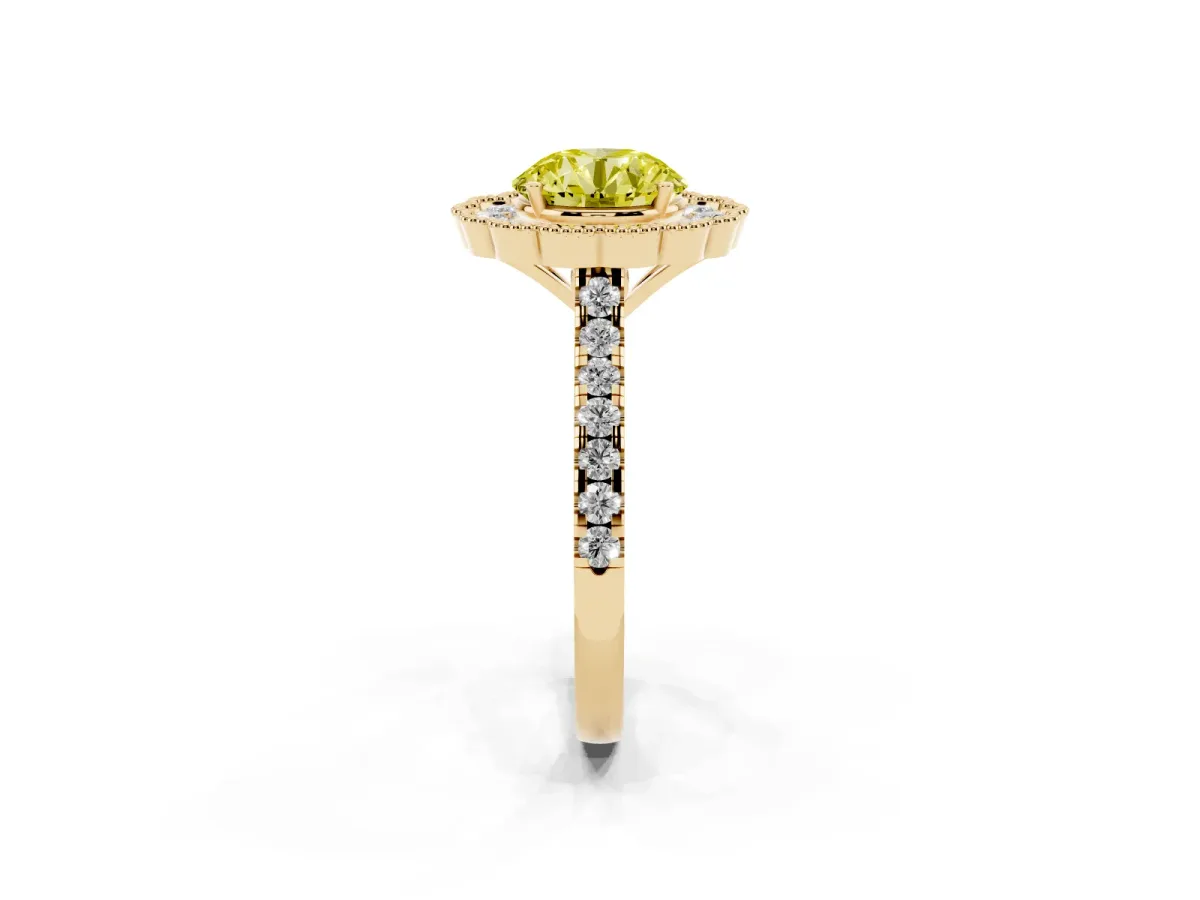 Fancy Yellow Round Cut Cut Diamond Milgrain Floral Halo Engagement Ring with Pavé Band Yellow gold