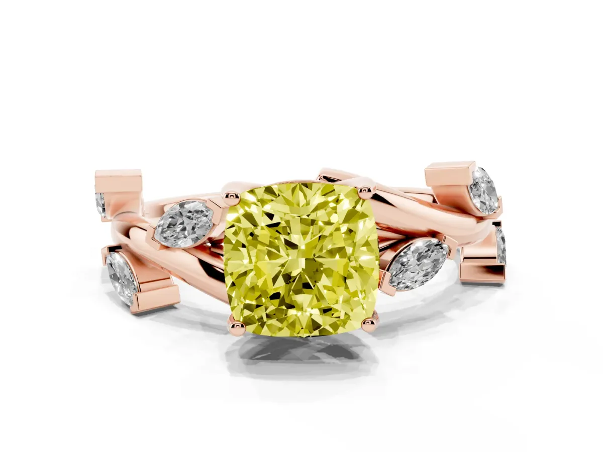 Fancy Yellow Cushion Cut Solitaire Twisted Band Marquise Accent Prong Setting Ring Rose gold
