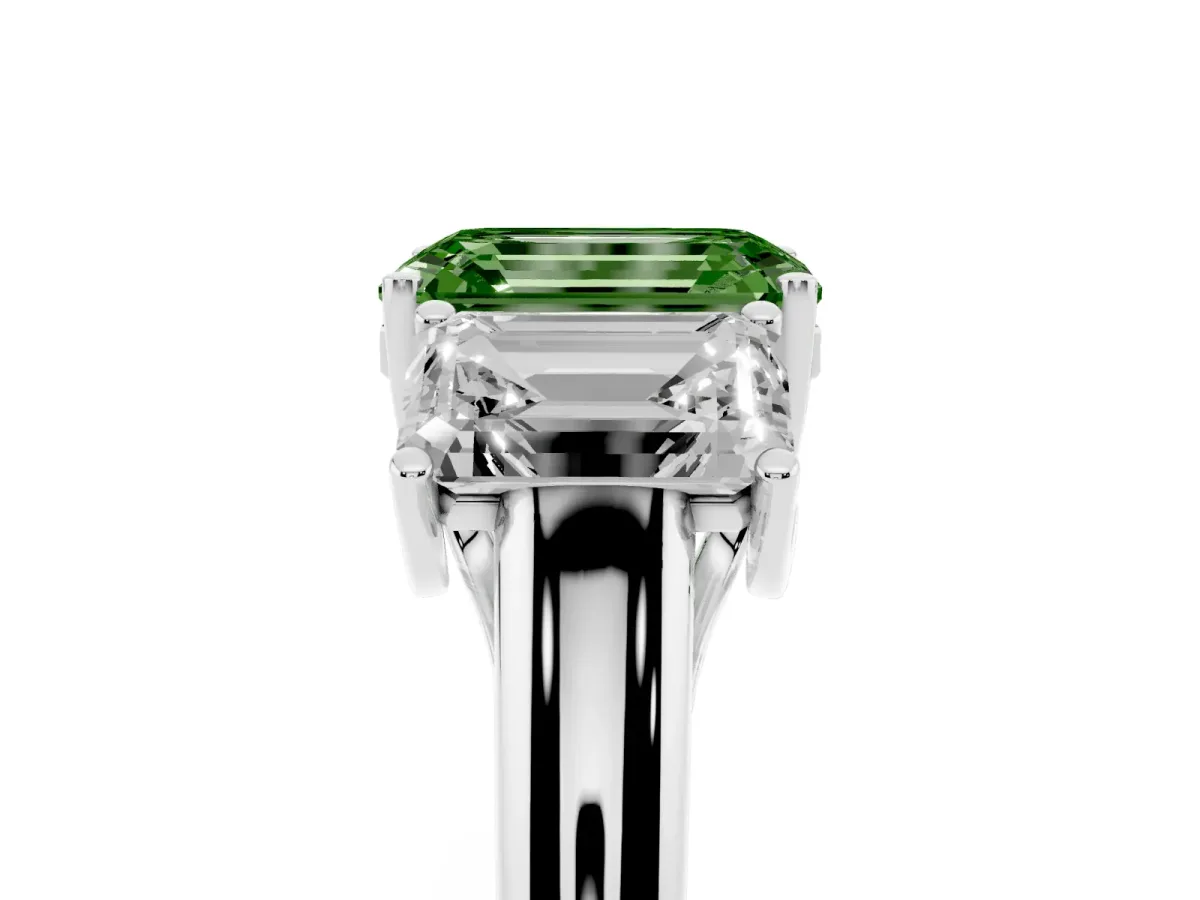 Fancy Green Three-Stone Emerald Cut Diamond Engagement Ring with Prong Setting White gold