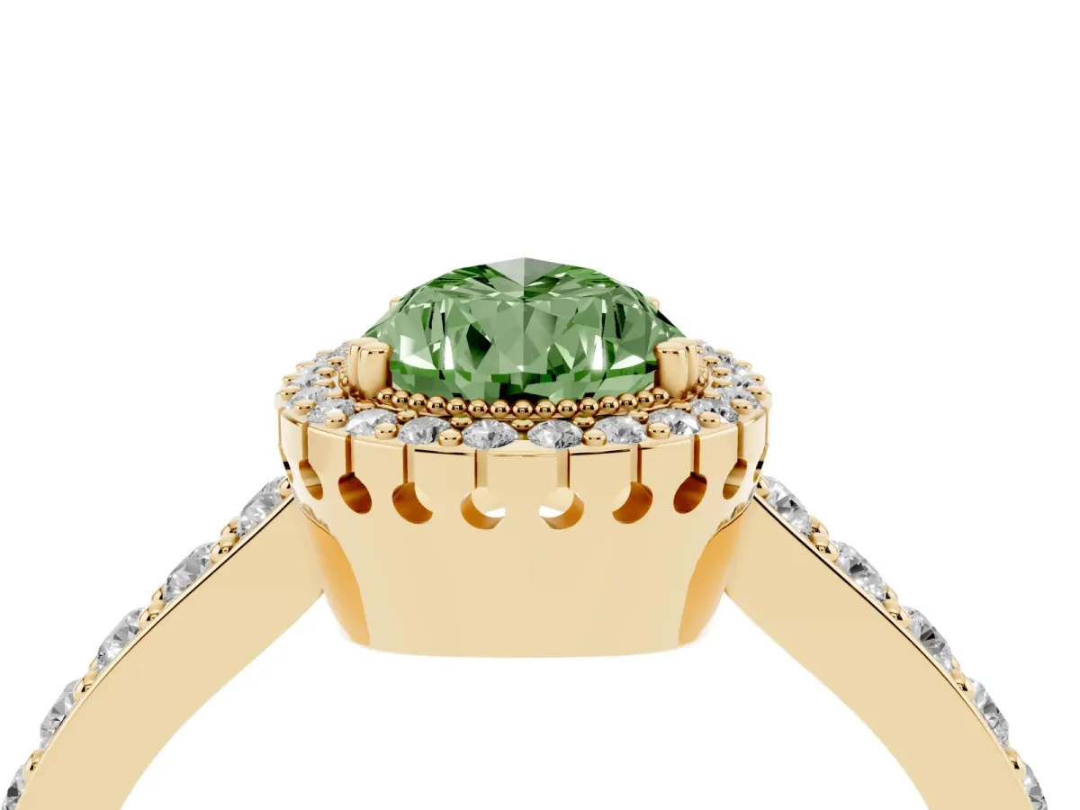 Fancy Green Pear Cut Cut Diamond Halo Engagement Ring with Milgrain Detail and Pavé Band Yellow gold