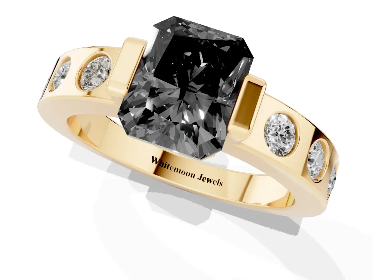 Fancy Black Radiant Cut Brilliant Channel-Set Diamond Ring with Bezel Prong Setting Yellow gold