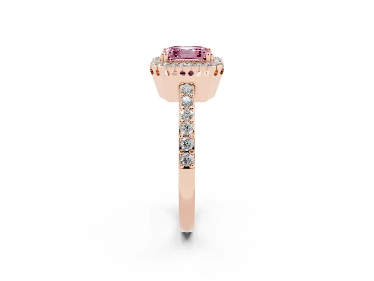 Fancy Pink Asscher Cut Cut Diamond Halo Engagement Ring with Milgrain Detail and Pavé Band Rose gold