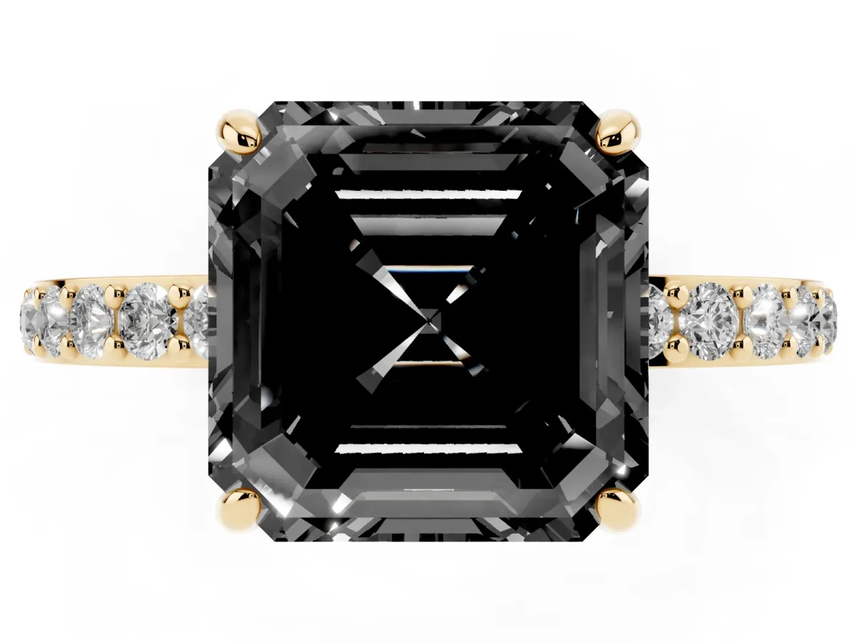Fancy Black Asscher Cut Diamond Pavé Engagement Ring with Round Accents and Prong Setting Yellow gold
