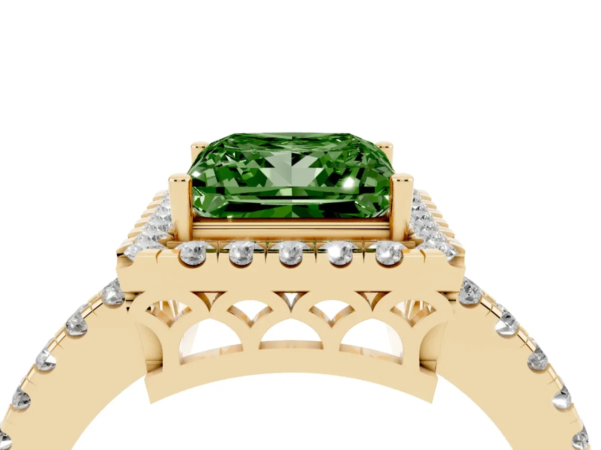 Fancy Green Princess Cut Halo Diamond Engagement Ring with Pavé Band and Four-Prong Setting Yellow gold