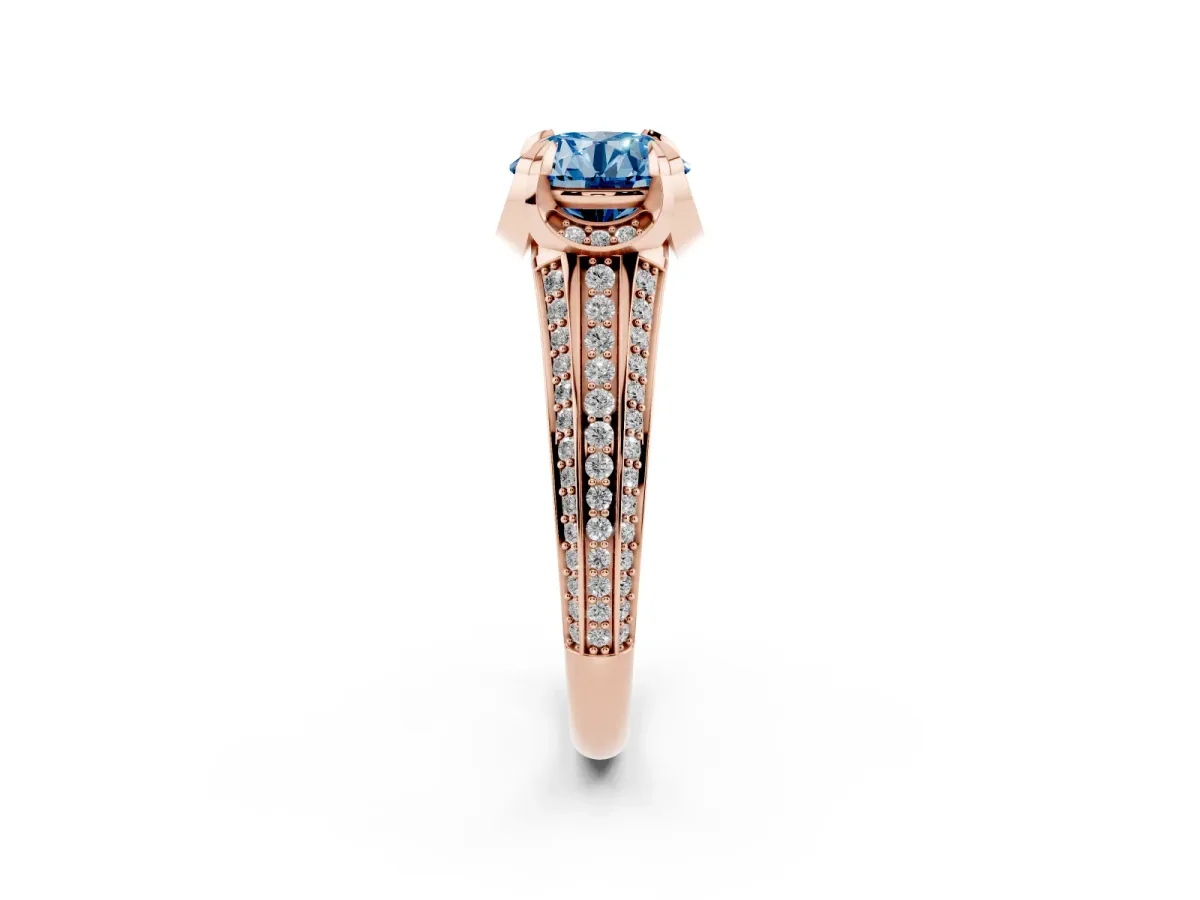 Fancy Blue Round Cut Solitaire Pave Split Shank Ring with Four-Prong Setting Rose gold