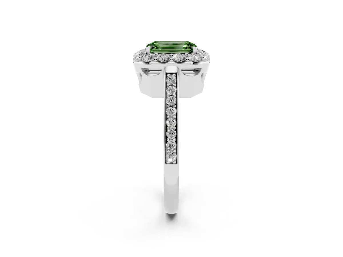 Fancy Green Emerald Cut Diamond Floral Halo Ring with Pavé Band and Prong Setting White gold