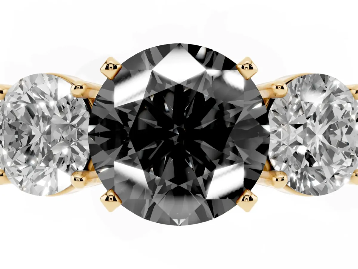 Fancy Black Three-Stone Round Cut Diamond Ring with Round Side Stones, Classic Band, and Four-Prong Setting Yellow gold