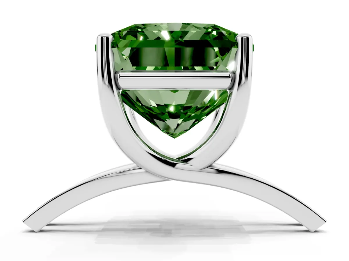 Fancy Green Radiant Cut Cut Diamond Solitaire Engagement Ring with Tapered Plain Band and Four-Prong Setting Silver