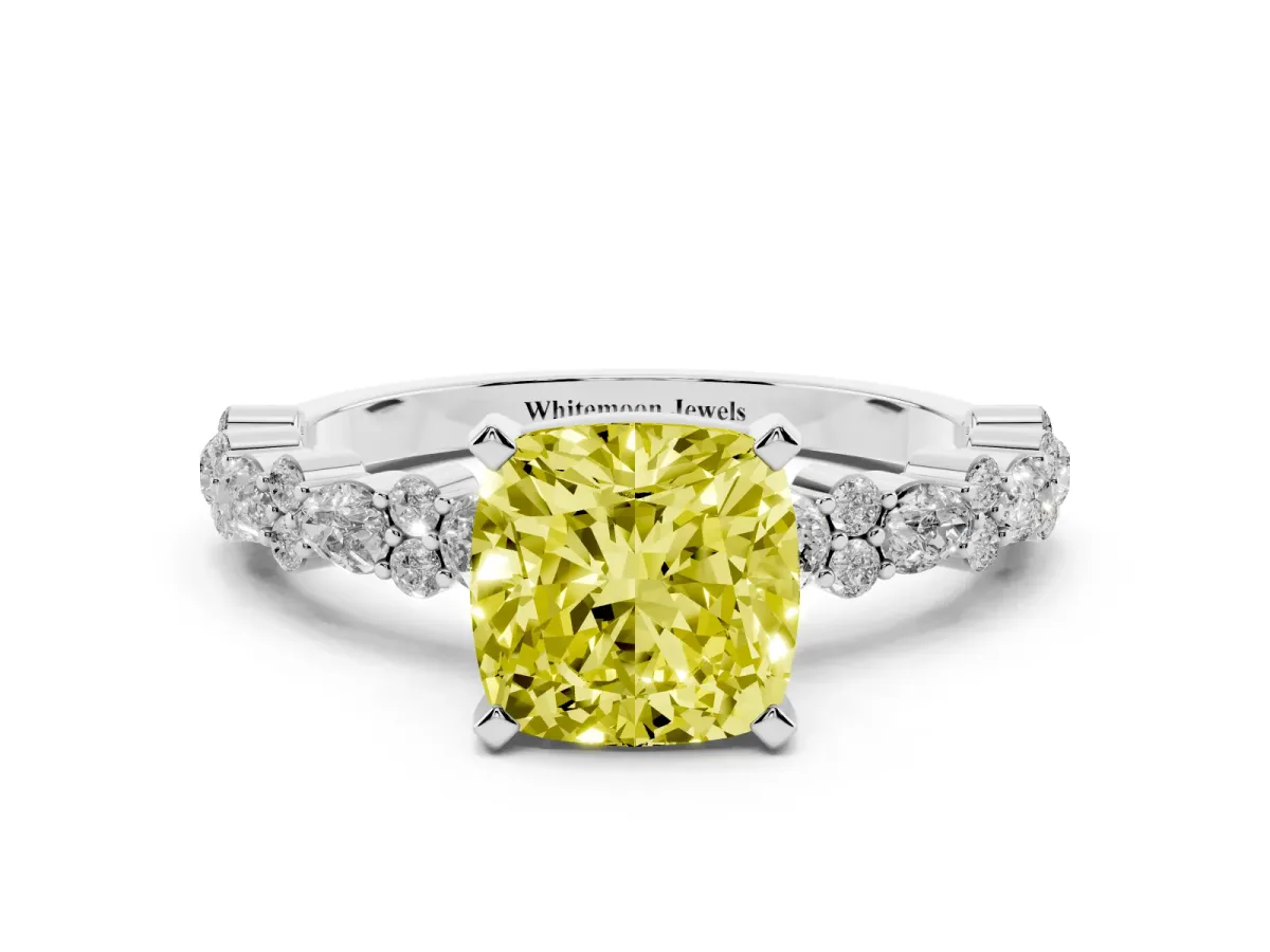 Fancy Yellow Cushion Cut Diamond Side Stone Solitaire Ring with Round and Four-Prong Setting Silver