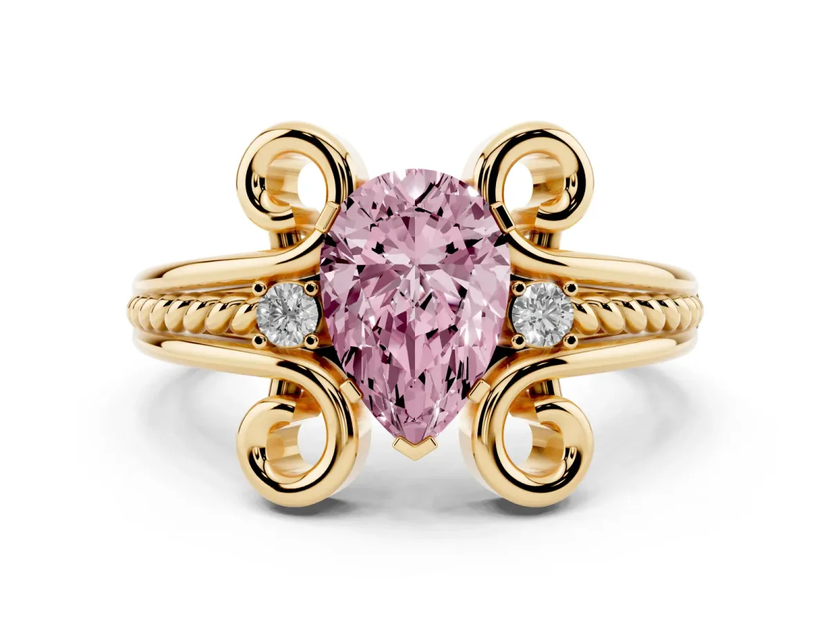 Fancy Pink Pear Cut Solitaire Twisted Band Scroll Prong Ring Yellow gold