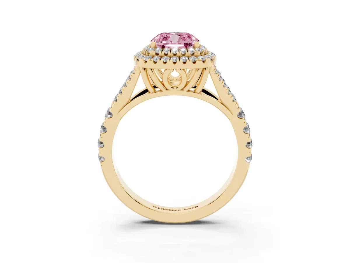 Fancy Pink Cushion Cut Diamond Pavé Split Shank Double Halo Engagement Ring Yellow gold