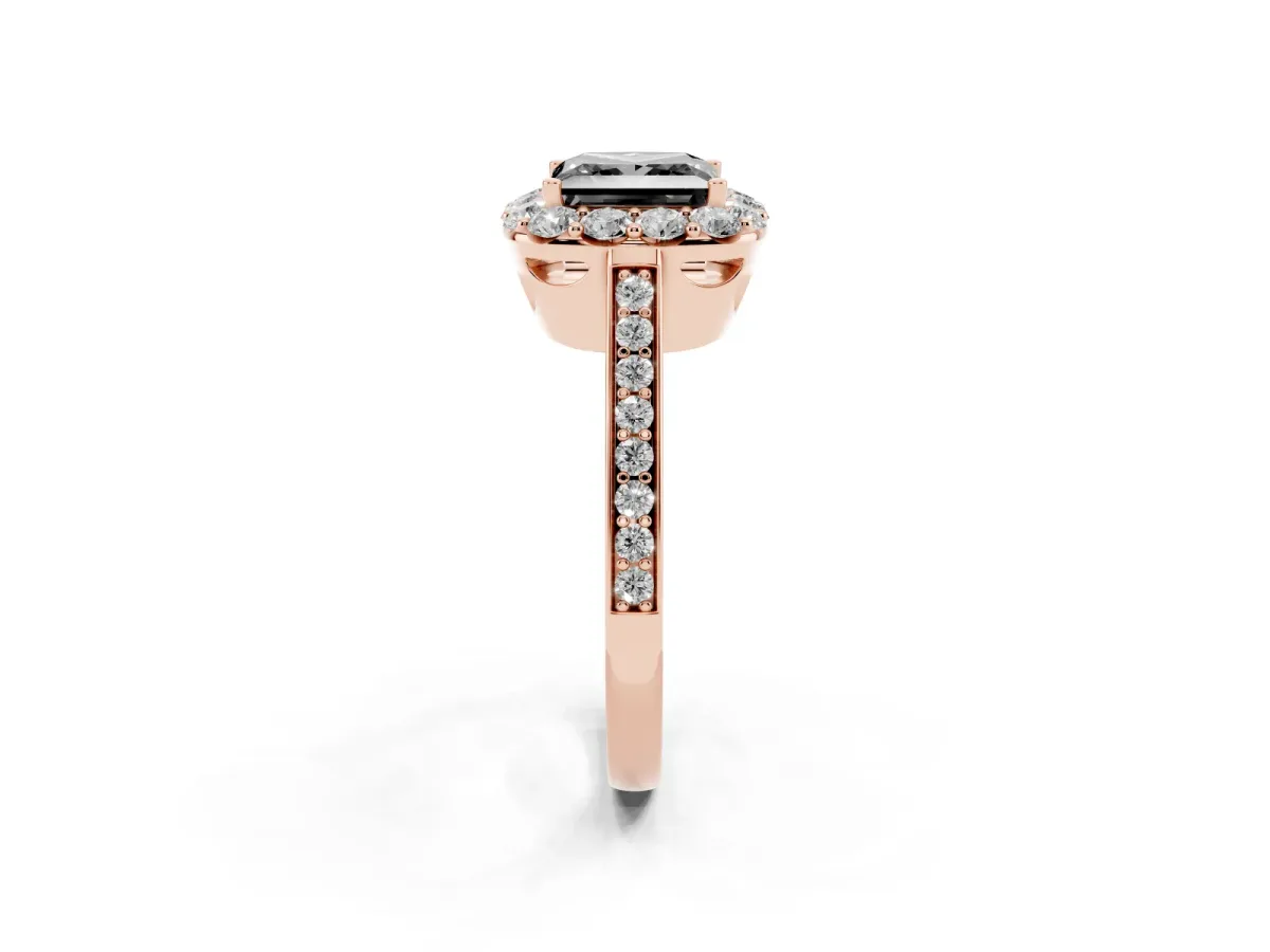 Fancy Black Princess Cut Diamond Floral Halo Ring with Pavé Band and Prong Setting Rose gold