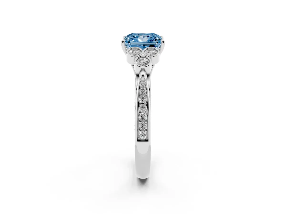 Fancy Blue Princess Cut Cut Diamond Engagement Ring with Bezel Set Round Side Stones and Prong Setting White gold