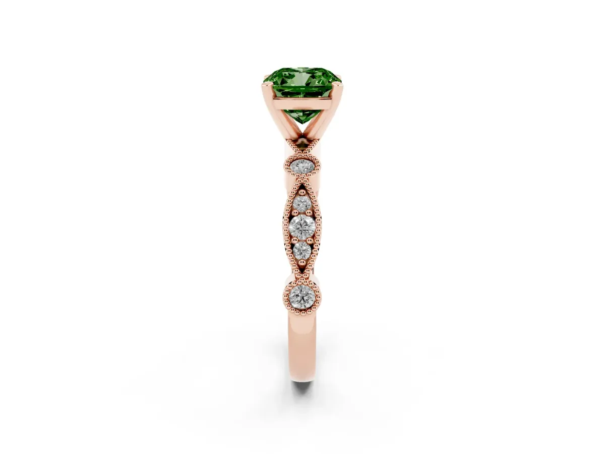 Fancy Green Cushion Cut Milgrain Bezel Diamond Engagement Ring with Solitaire Prong Setting Rose gold