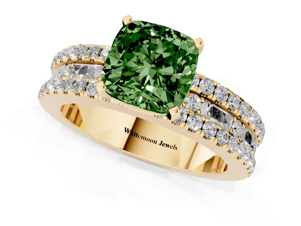 Fancy Green Cushion Cut Diamond Solitaire Ring with Pavé and Channel Set Band Yellow gold