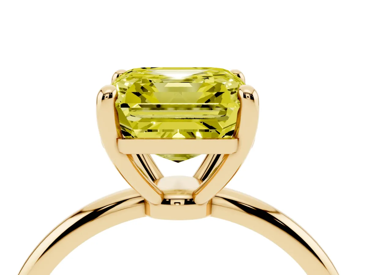 Fancy Yellow Asscher Cut Solitaire Diamond Ring with 4-Prong Setting on a Classic Band Yellow gold