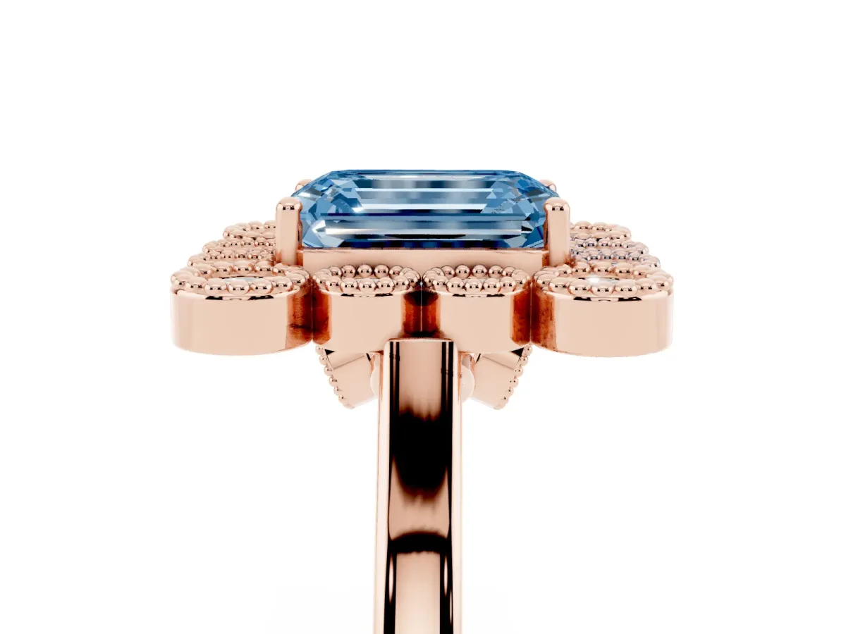 Fancy Blue Emerald Cut Halo Diamond Cluster Engagement Ring with Milgrain Bezel Setting and Solitaire Band Rose gold
