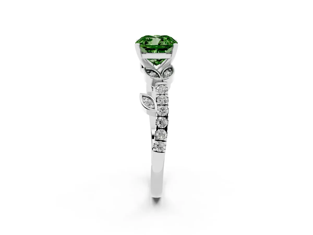 Fancy Green Cushion Cut Solitaire Leaf-Inspired Diamond Ring with Pavé Band and Four-Prong Setting Silver