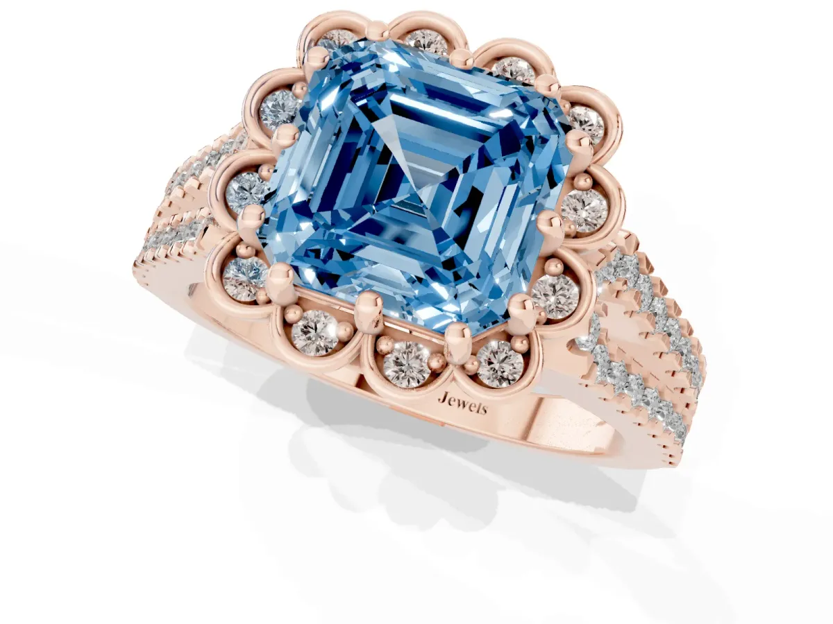 Fancy Blue Asscher Cut Halo Diamond Floral Split Shank Engagement Ring Rose gold