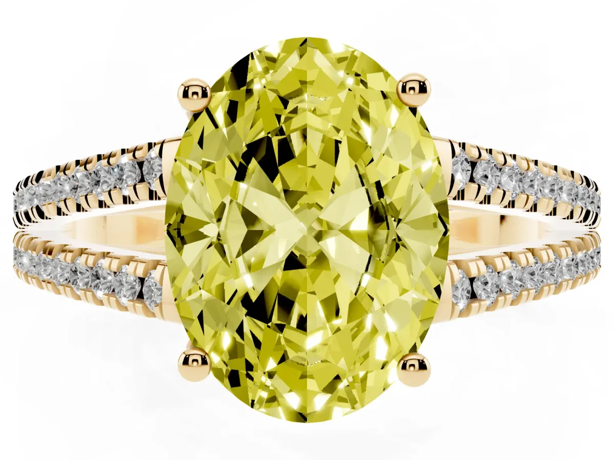 Fancy Yellow Oval Cut Diamond Solitaire Engagement Ring with Split Shank Pavé Band Yellow gold