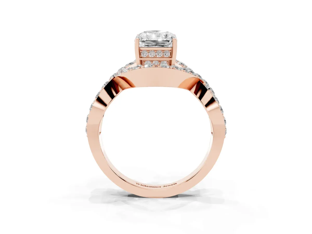 Radiant Cut Solitaire Twist Band Pavé Diamond Engagement Ring Rose gold