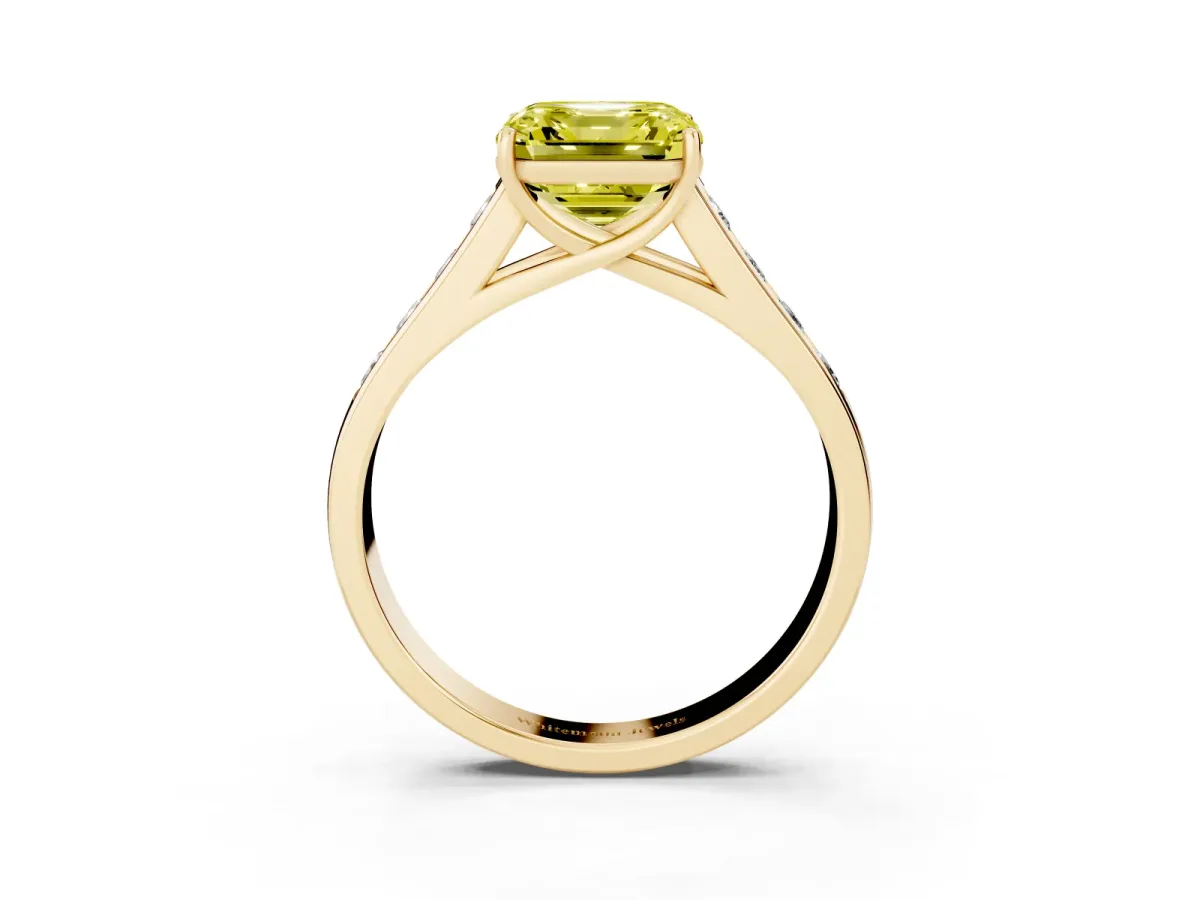 Fancy Yellow Asscher Cut Solitaire Channel-Set Diamond Engagement Ring with Four-Prong Setting Yellow gold