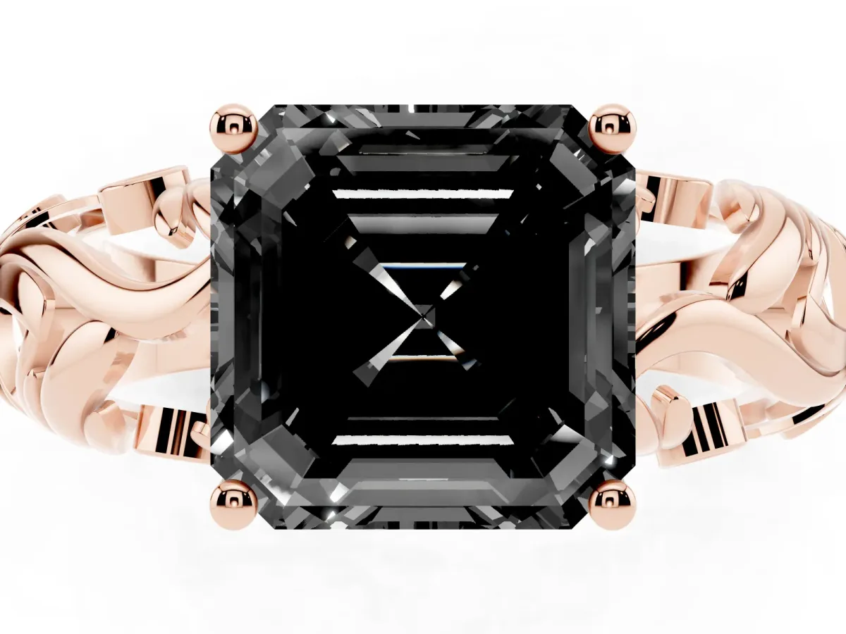 Fancy Black Asscher Cut Solitaire Diamond Leaf-Inspired Vine Band Ring with Prong Setting Rose gold