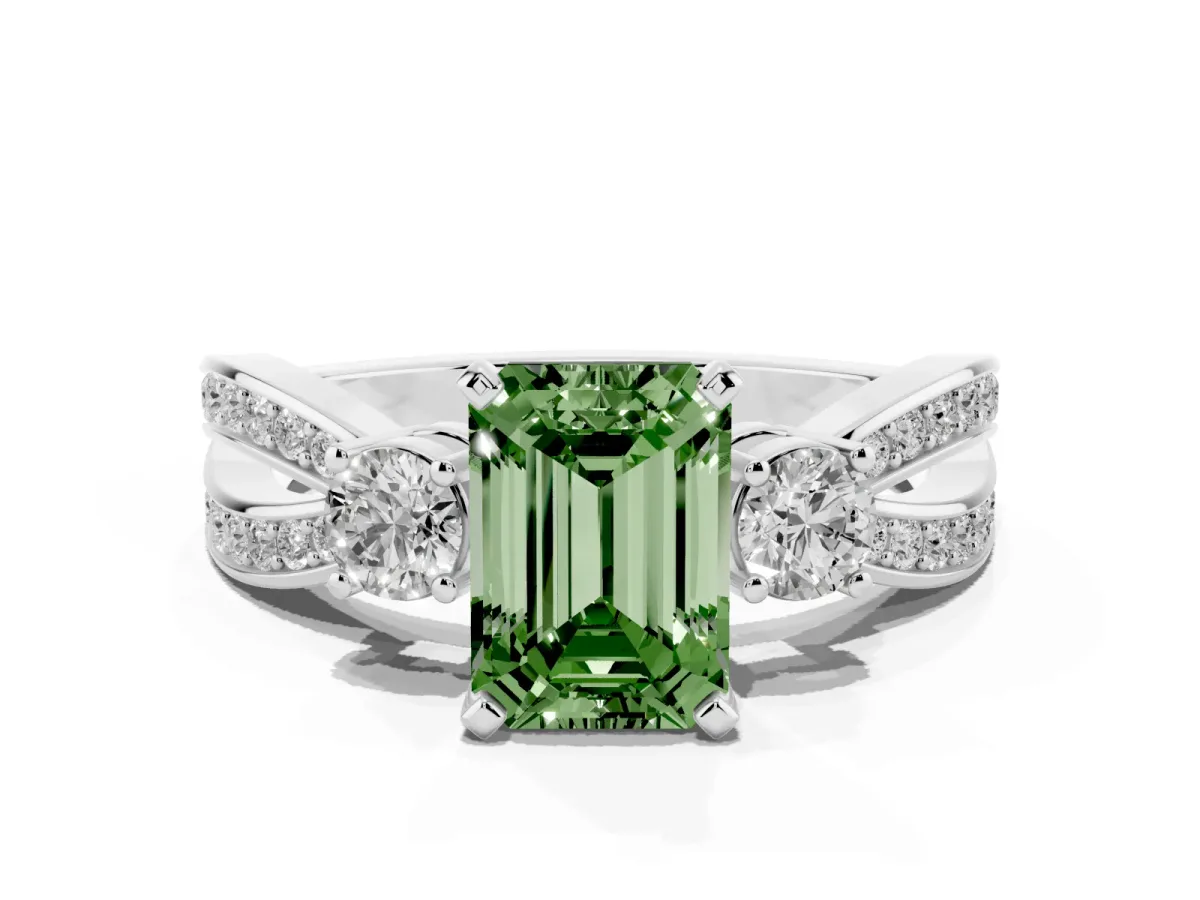 Fancy Green Three-Stone Emerald Cut Cut Diamond Twist Band with Prong Setting Platinum