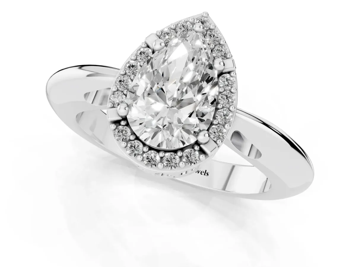 Pear Cut Cut Diamond Halo Engagement Ring with Split Shank and Four-Prong Setting Silver