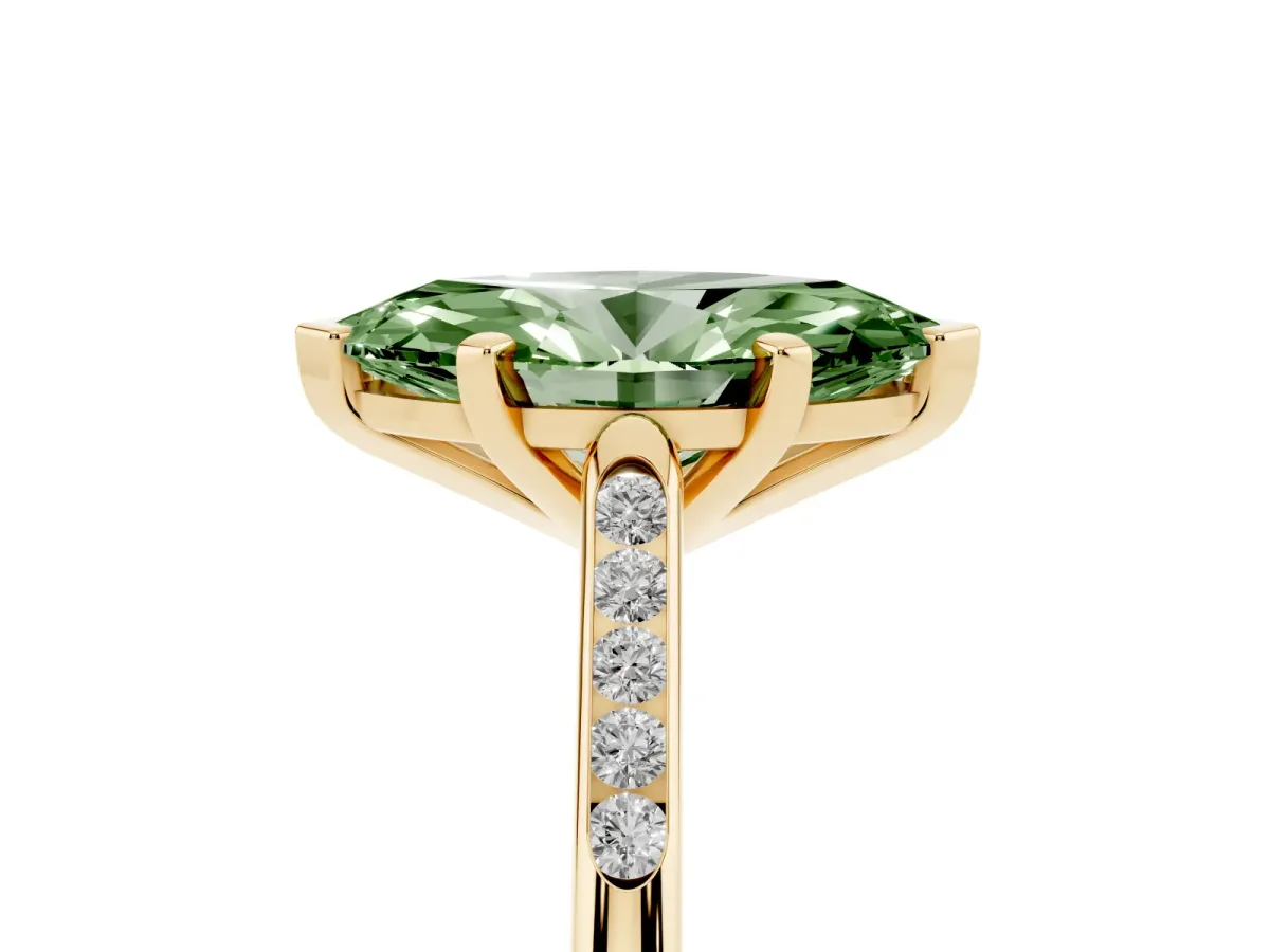 Fancy Green Marquise Cut Diamond Solitaire Ring with Channel Set Round Band and Prong Setting Yellow gold