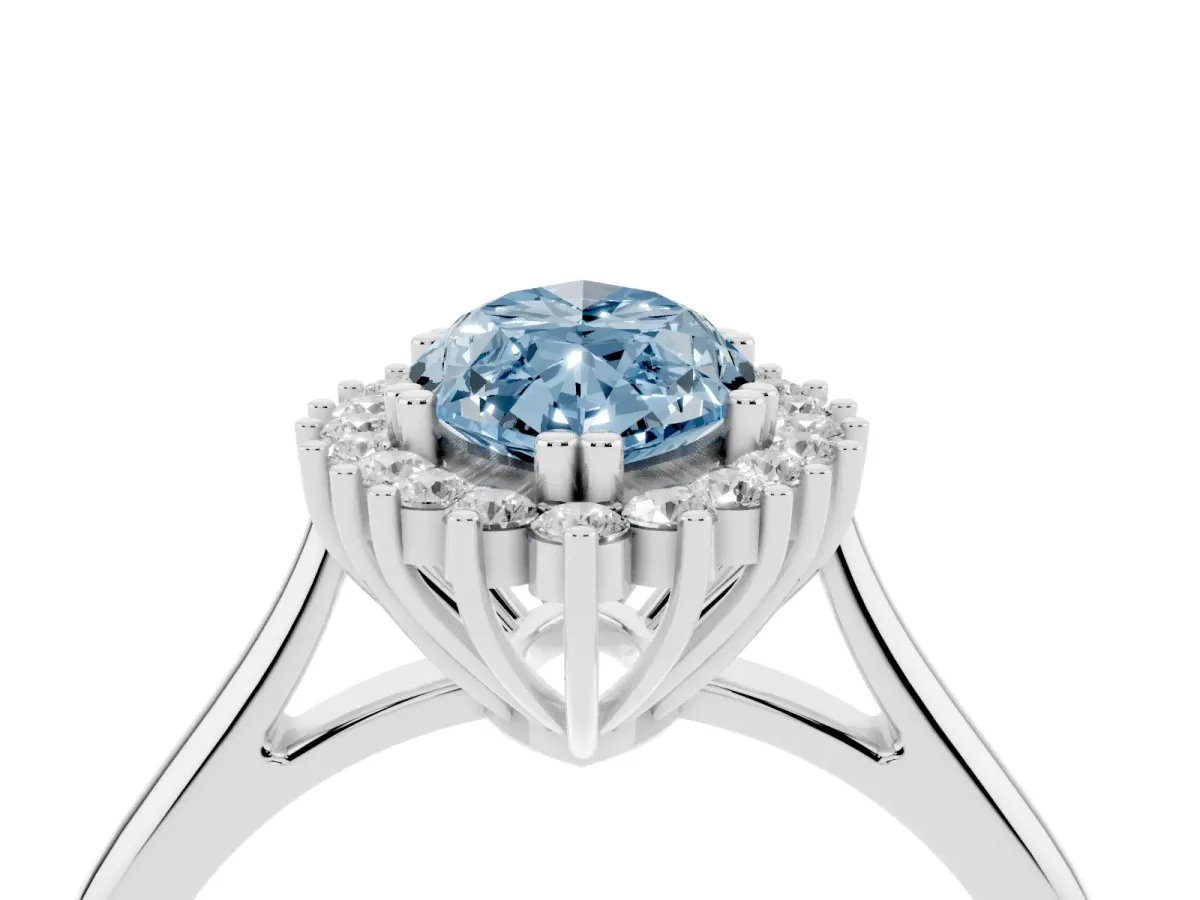 Fancy Blue Marquise Cut Cut Diamond Halo Ring with Solitaire Band and Prong Setting Silver