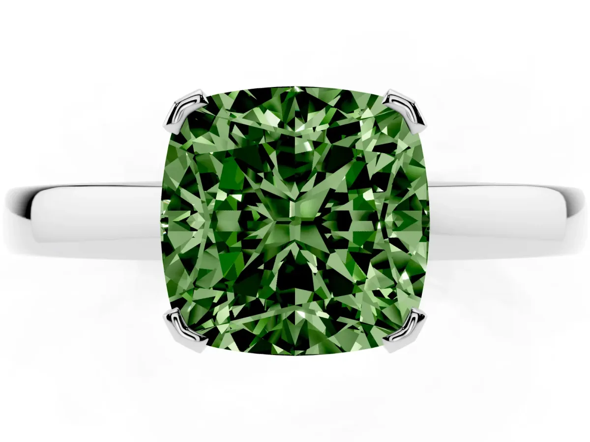 Fancy Green Cushion Cut Cut Solitaire Ring with Four-Prong Setting and Classic Band Silver