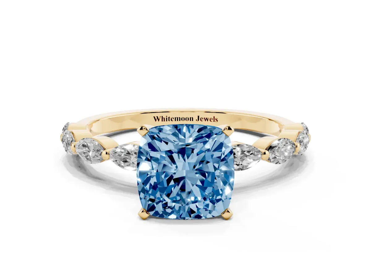Fancy Blue Cushion Cut Diamond Ring with Marquise Side Stones and Prong Setting Yellow gold